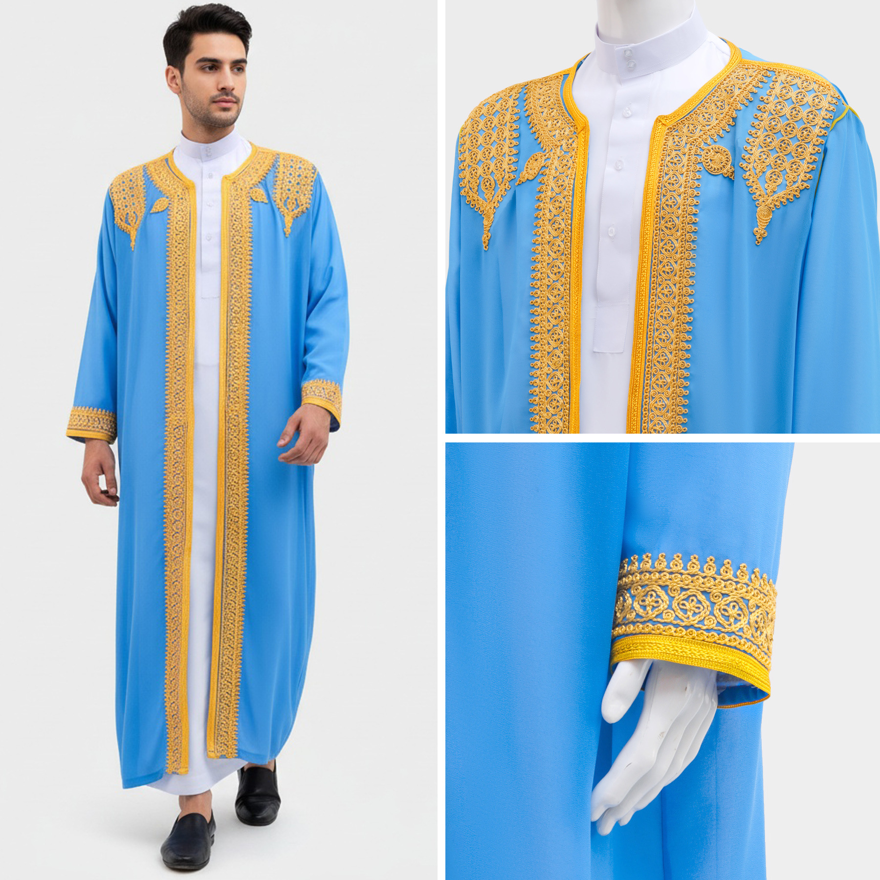 Vêtements islamiques pour hommes Eid Ramadan, Kaftan marocain, Kebaya, Kimono musulman ouvert, Abaya turque, Costume national oriental pour la prière