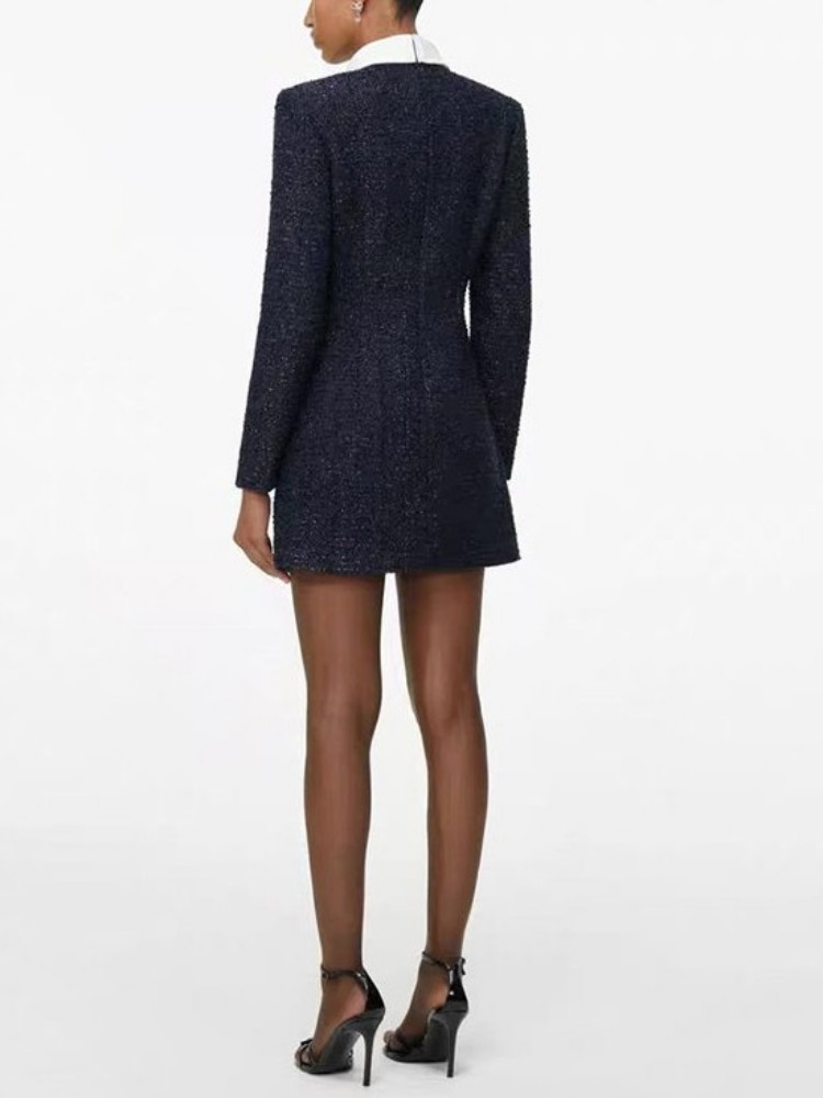 Robe Mini en Tweed pour Femme, Coupe Ajustée, Taille Haute, Col Montant, Manches Longues, Élégante, Coupe Évasée, Style Printemps, Idéale pour le Bureau