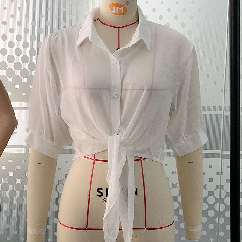Vêtements d'été anti-UV, vêtements décontractés amples, chemisier élégant uni à nouer à la taille, chemisier en mousseline à manches chauve-souris mi-longues boutonné