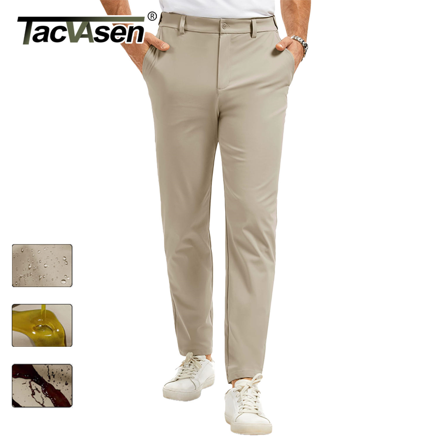 TACVASEN Pantalon décontracté pour homme, jambes droites, devant plat, imperméable, taille extensible, pour golf, pantalon de travail léger