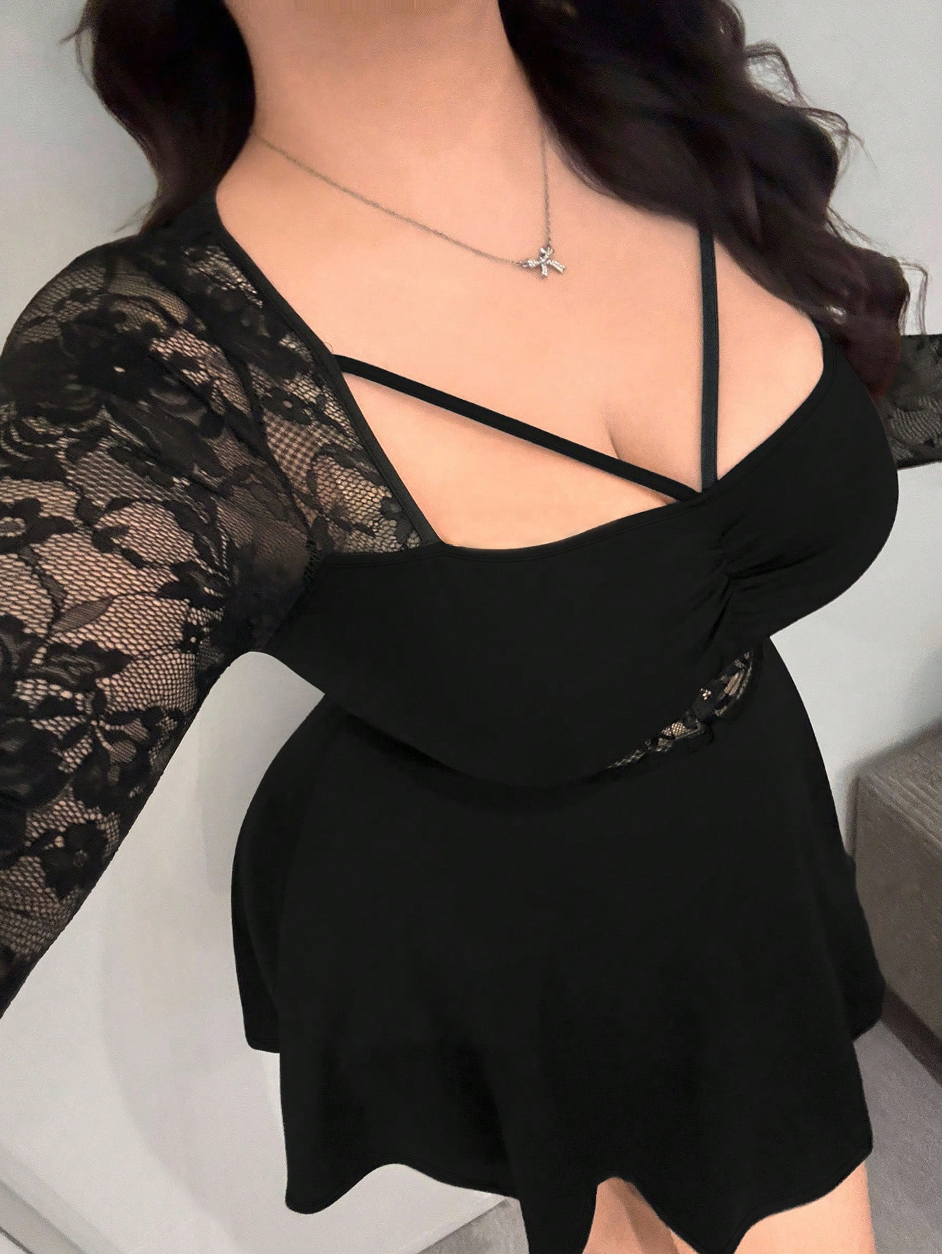Robe en dentelle à manches longues pour femmes, grande taille, robe courte en dentelle, tenue décontractée chic, vêtements de printemps et d'été, robe quotidienne