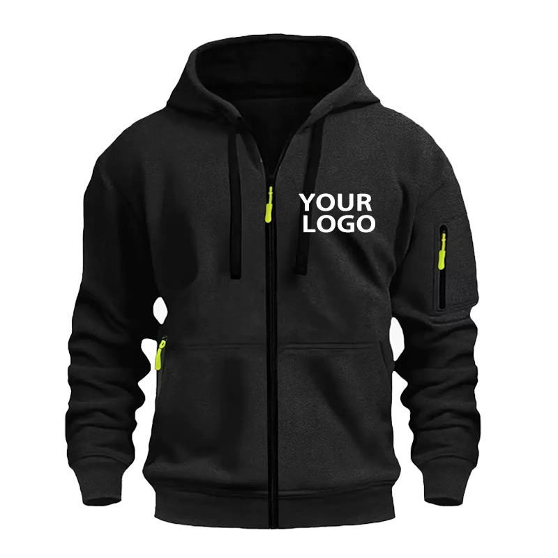 Sweat à capuche de sport décontracté pour hommes, Logo personnalisé, avec poche zippée complète, à la mode, avec poche sur les bras, pour l'extérieur, à manches longues, DIY