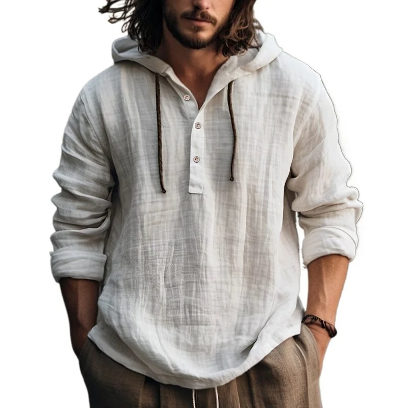 T-shirt à capuche décontracté en coton et lin pour hommes, chemisier à manches longues, vacances, plage, printemps, tunique unie, chemise ample à capuche