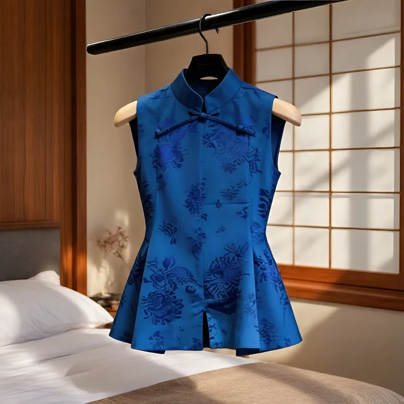 Chemisier élégant de style chinois pour femmes, avec motif floral, col mandarin, sans manches, coupe ajustée, vêtements d'été