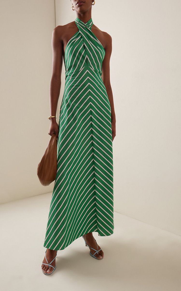 Robe mi-longue d'été pour femmes, Sexy, sans manches, col monté, imprimé rayé, tenue de vacances, style bohème, 2025