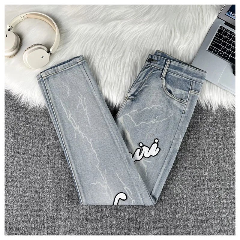 2025 hommes jean mâle mince haute élasticité étoile broderie Stretch taille moyenne jean décontracté mode Street Wear jambe droite pantalon