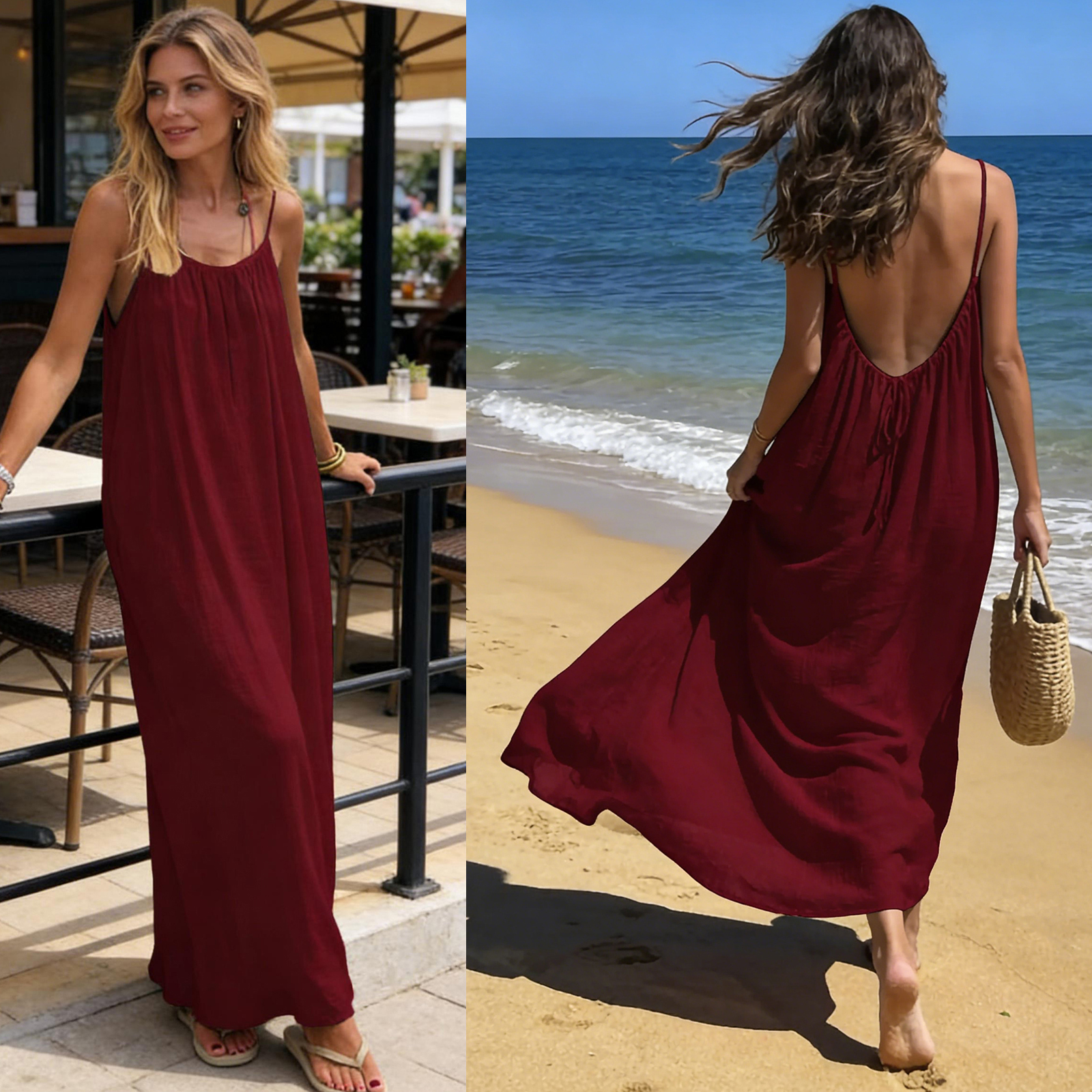 Robe décontractée sans manches à fines bretelles pour femme, couleur unie, dos nu, longue et ample, idéale pour la plage ou la détente estivale