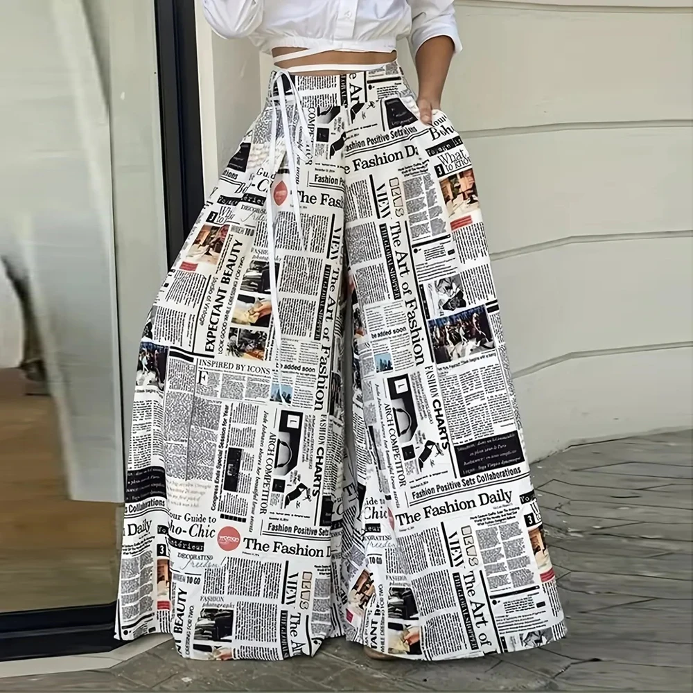 Pantalon à jambes larges pour femmes, imprimé, mode hip hop, rue décontractée, vintage, pleine longueur, ceinture indépendante, taille élastique, grande taille, surintendant ser