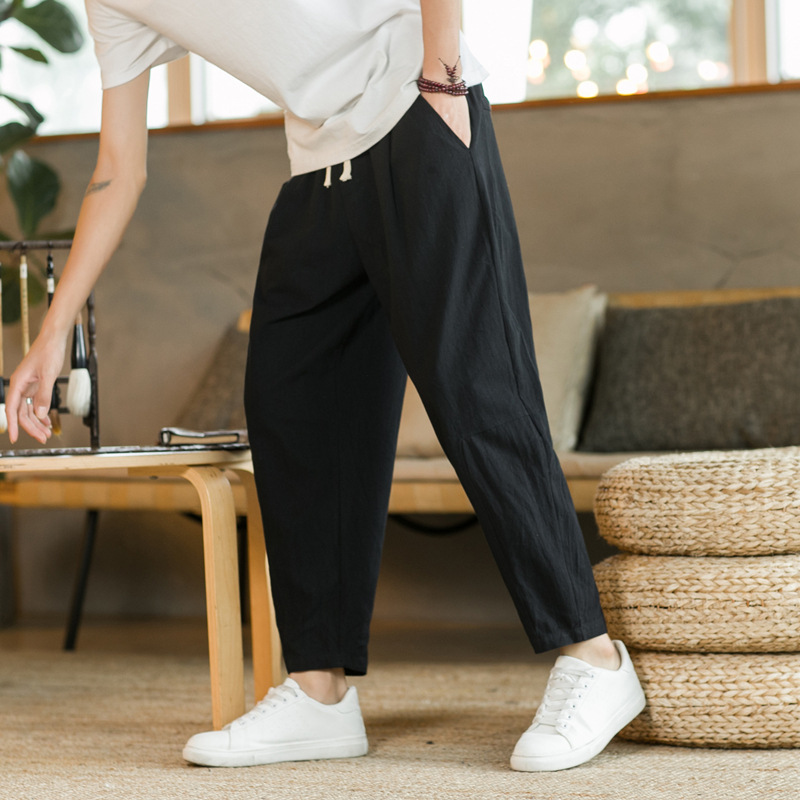 Pantalon décontracté en coton et lin pour homme, couleur unie, respirant, coupe droite, avec cordon de serrage, style streetwear