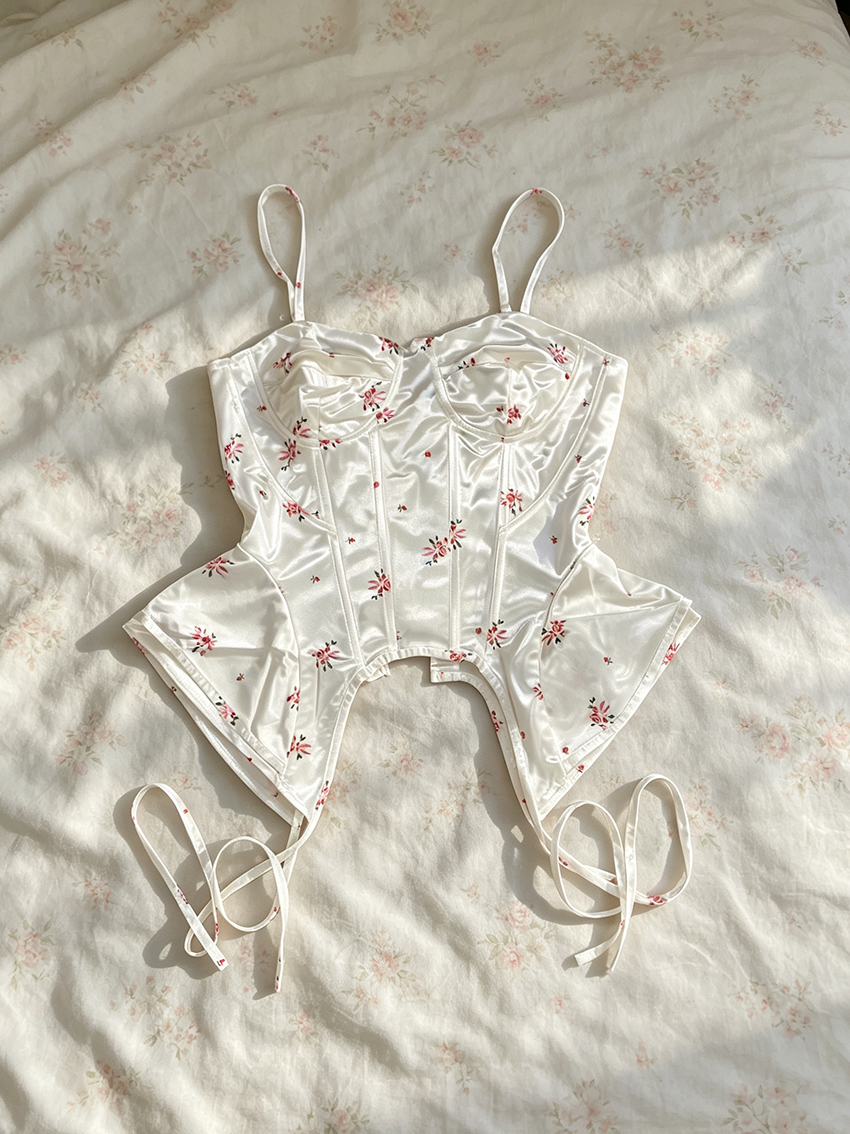 Coquette Femmes Ditsy Floral Satin Corset Tops Bretelles Spaghetti Réglable Ourlet Irrégulier Bustier Y2K Fée Sans Manches Camisoles