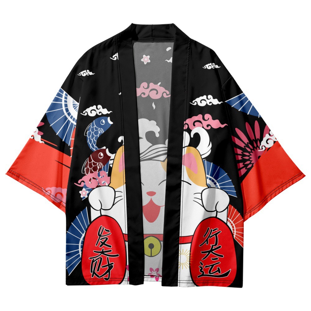 Kimono japonais imprimé samouraï chat Sakura pour hommes et femmes, Cardigan Haori, Costume traditionnel, cape ample à manches courtes, S-3XL