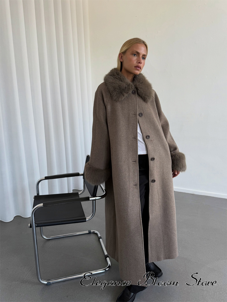 Manteau en laine mélangée pour femmes, uni, avec empiècements en fausse fourrure, col à revers, manches longues, à simple boutonnage, modèle 2026, vêtement chic pour femme.