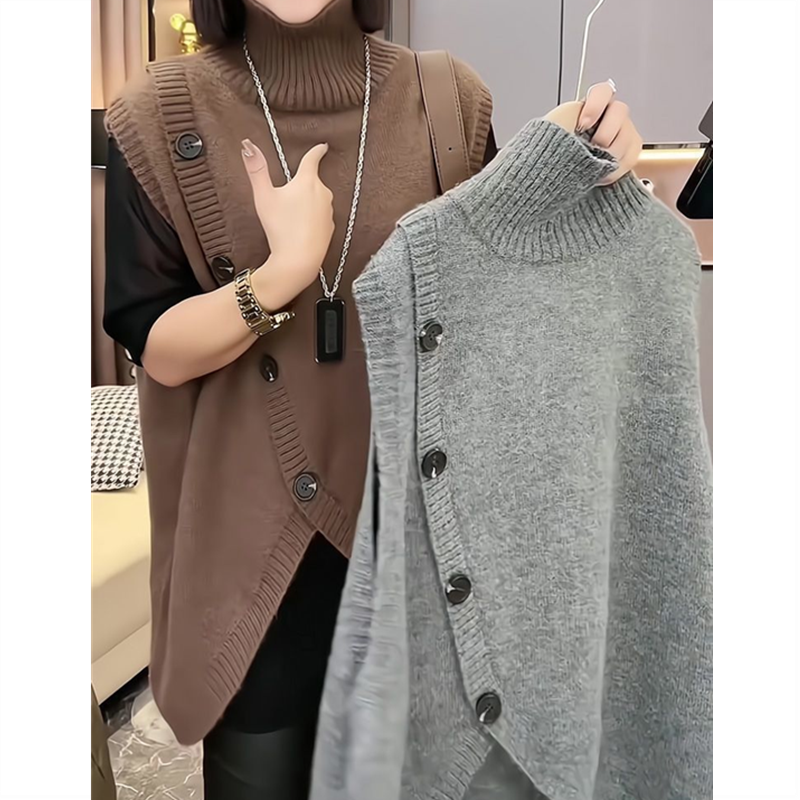 Femmes sans manches longs pull gilets Vintage irrégulière épissé bouton tricots vêtements d'extérieur pulls élégant col roulé gilets amples