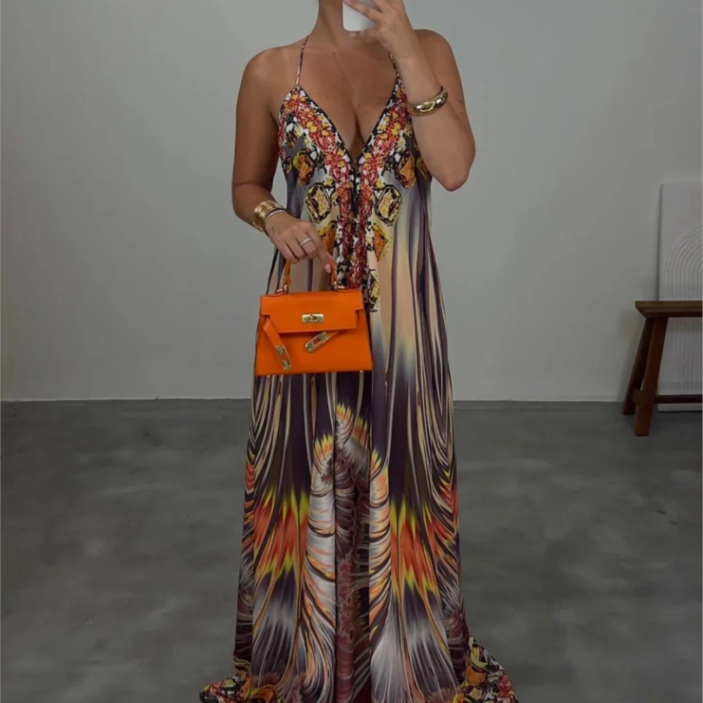 Robe longue décontractée et élégante, style bohème, imprimé, col halter, dos nu, col en V, sans manches, taille mi-haute