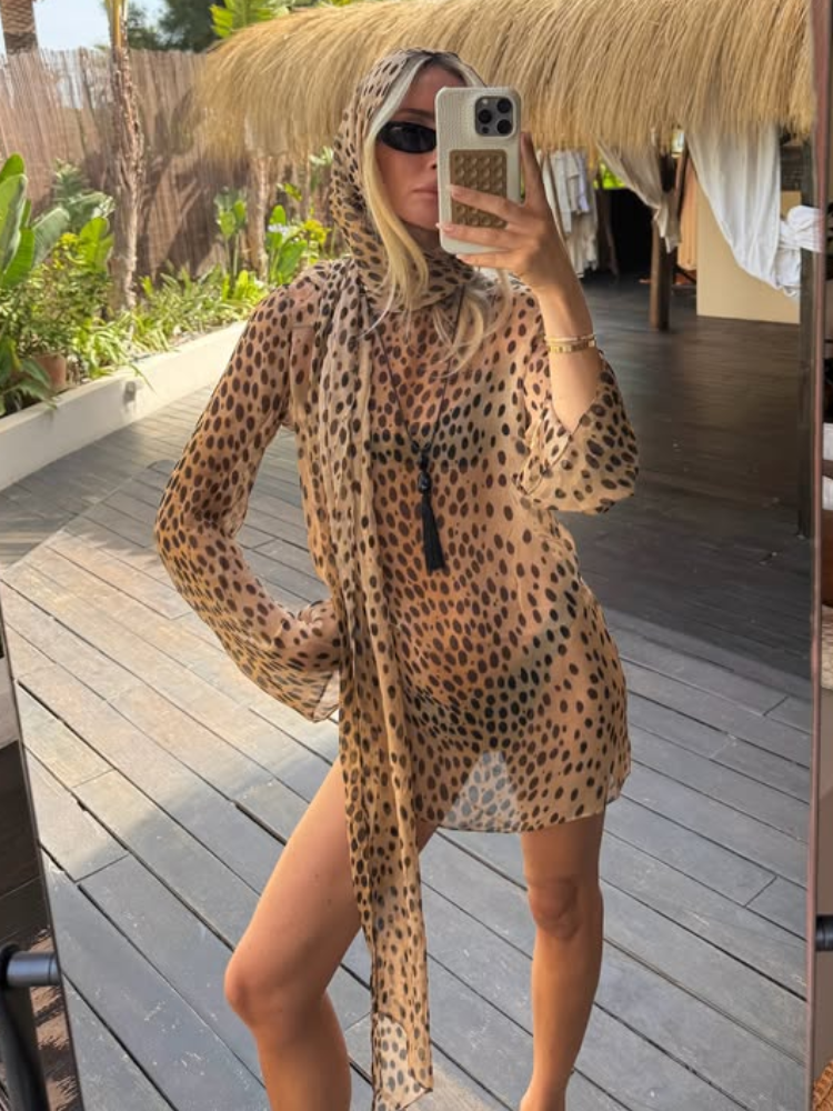 Robe courte transparente à imprimé léopard vintage pour femmes, col écharpe, manches longues, robes féminines, robes de vacances pour femmes été 2026