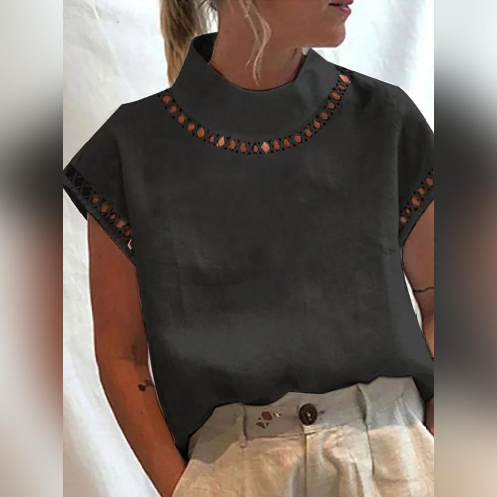 Femmes décontracté col rond coton lin Blouses printemps évider épissage bureau haut été à manches courtes en vrac Vintage vêtements chemises