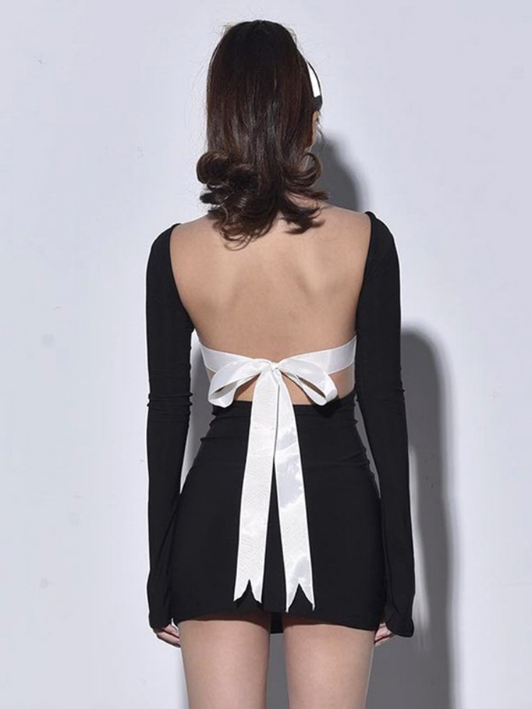 Robe moulante Sexy dos nu pour femmes, tenues De Club, cravate avec nœud, manches longues, Streetwear, noir, une pièce, vêtements Y2k