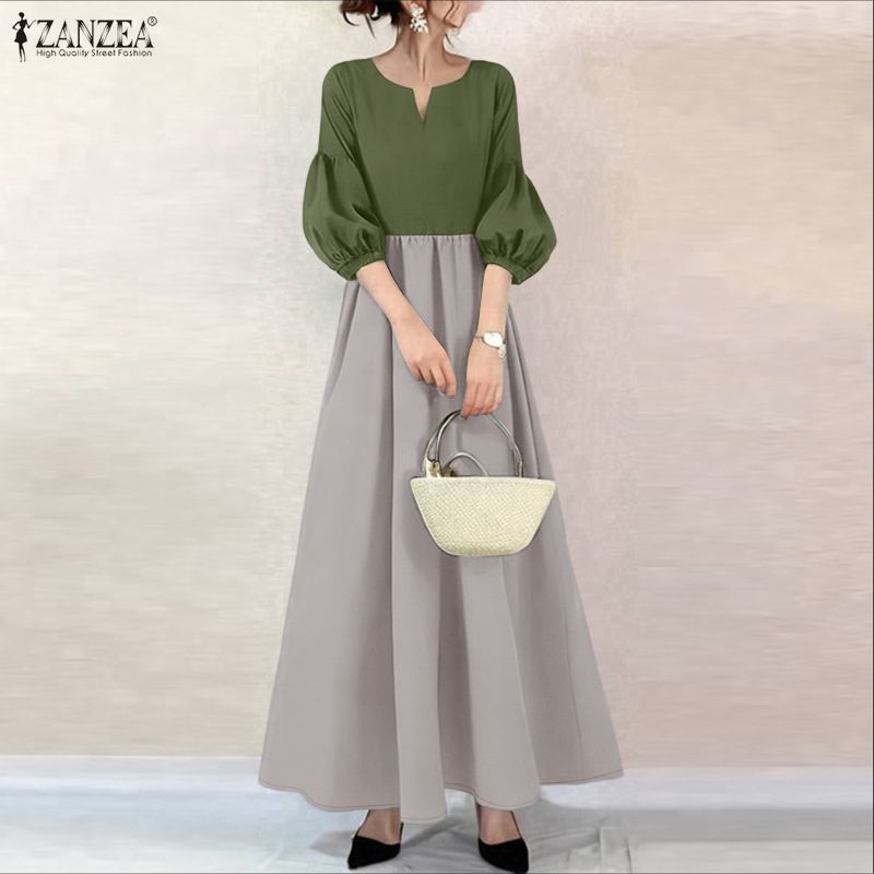 ZANZEA – robe longue de style coréen pour femmes, couleur contrastée, col en v, manches lanternes, robe longue élégante, taille haute, ligne A