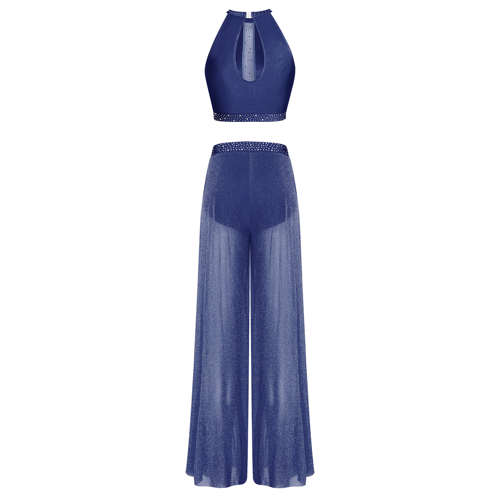 Tenue de danse lyrique moderne pour femmes, débardeur sans manches avec strass et pantalon en maille scintillante pour spectacle sur scène