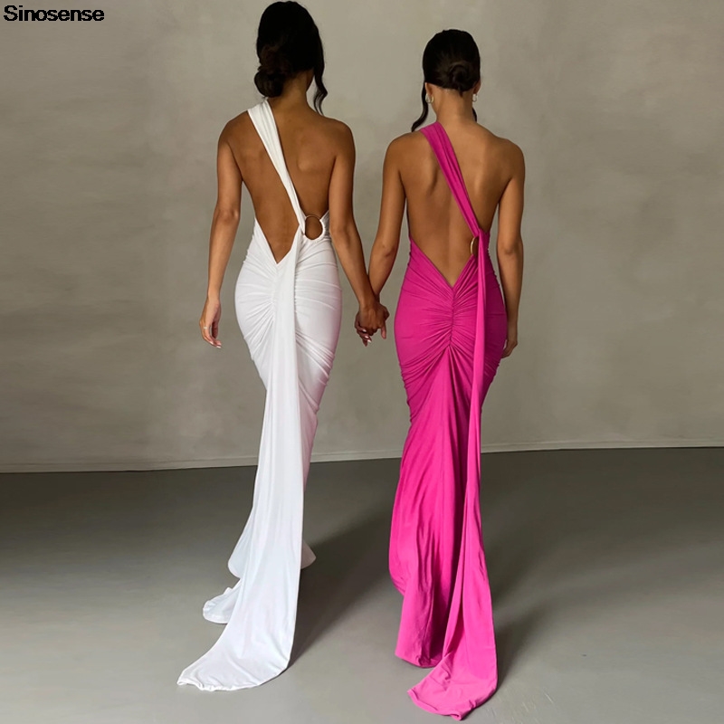 Robe longue de soirée élégante pour femmes, Sexy, dos nu, dos ouvert, froncée, Slim, moulante, formelle, pour invités de mariage, Maxi