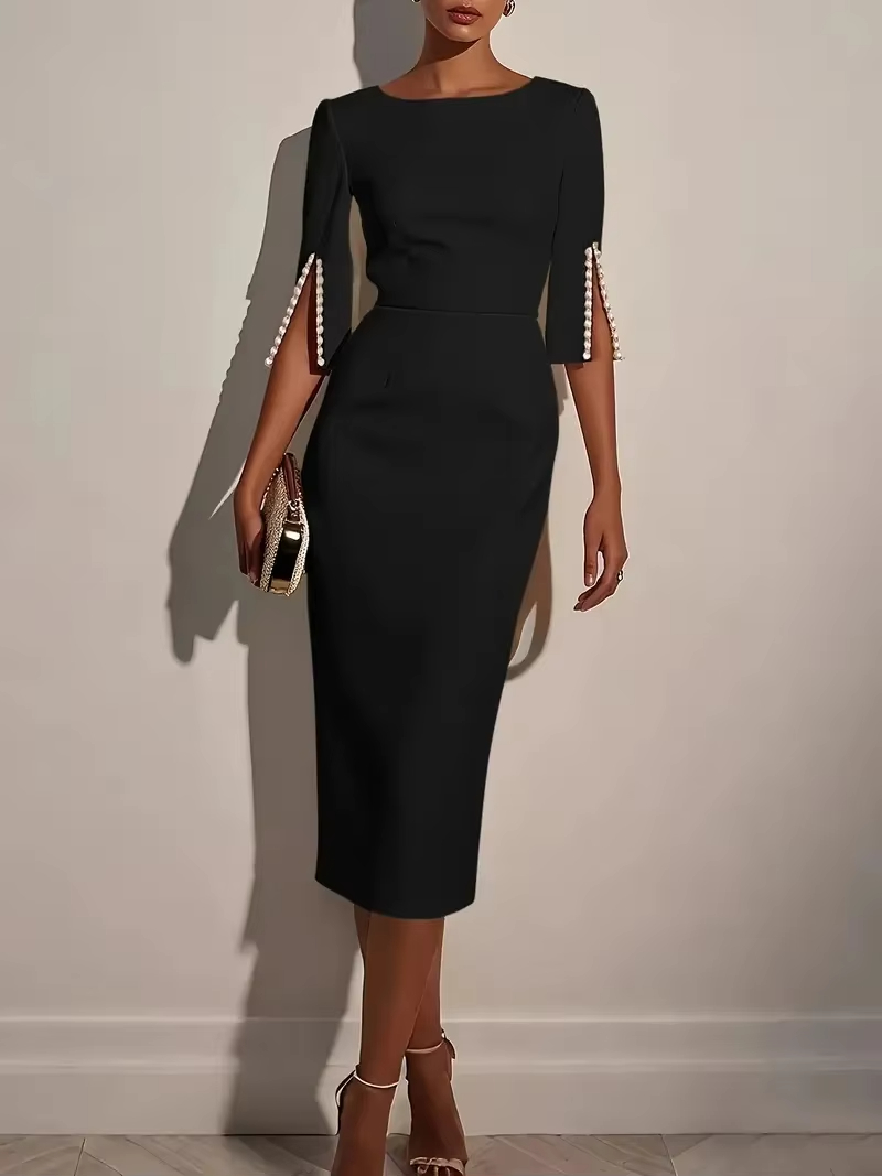 Robe mi-longue élégante pour femmes, couleur unie, col rond, demi-manches, décorée de perles, coupe cintrée