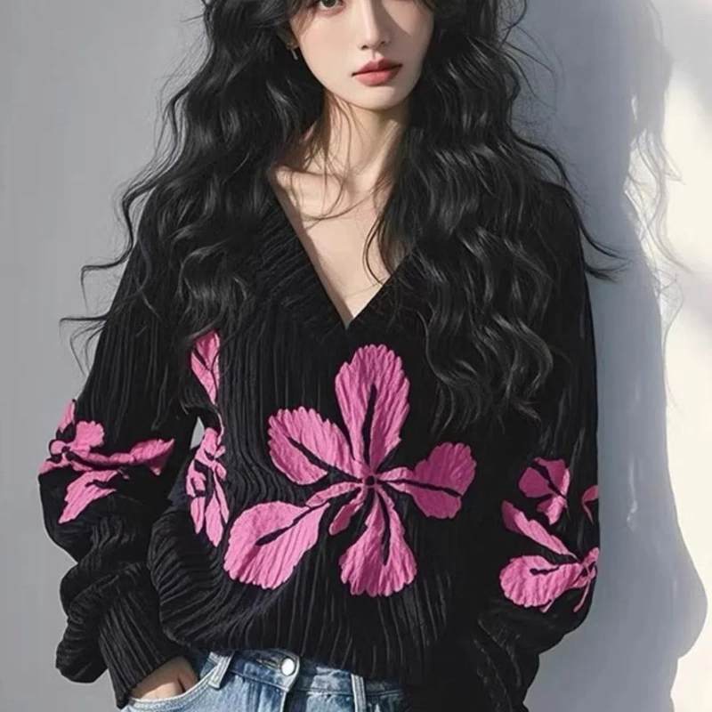 Style paresseux noir fleur imprimé hauts printemps automne nouveau à manches longues en vrac grande taille décontracté t-shirts mode Vintage femmes vêtements
