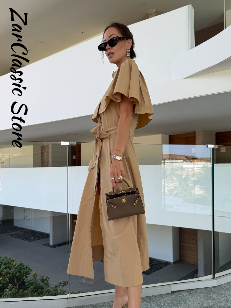 Robe élégante pour femme avec châle, col montant, taille nouée, sans manches, longue, couleur kaki, nouvelle robe décontractée d'été pour le street style 2026