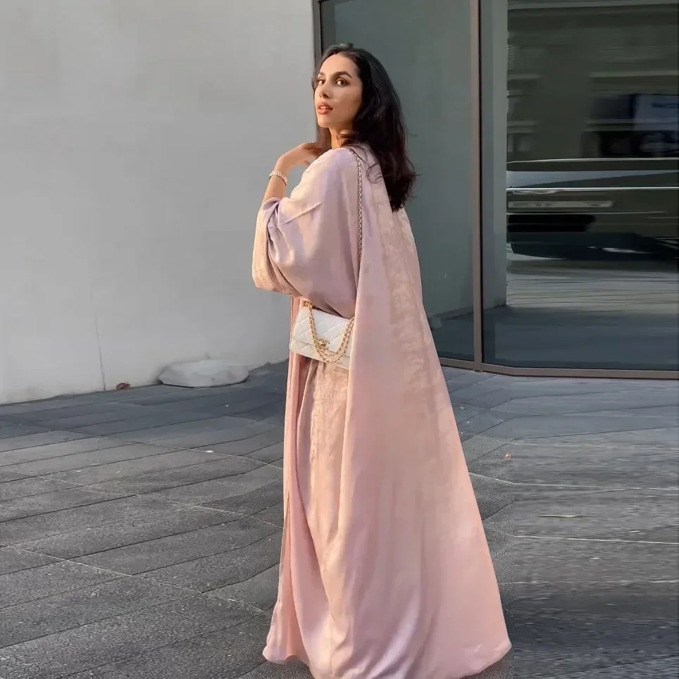 Robe longue en satin pour femmes, caftan musulman, kimono ouvert sur le devant, cardigan, Turquie, robes islamiques, vêtements arabes
