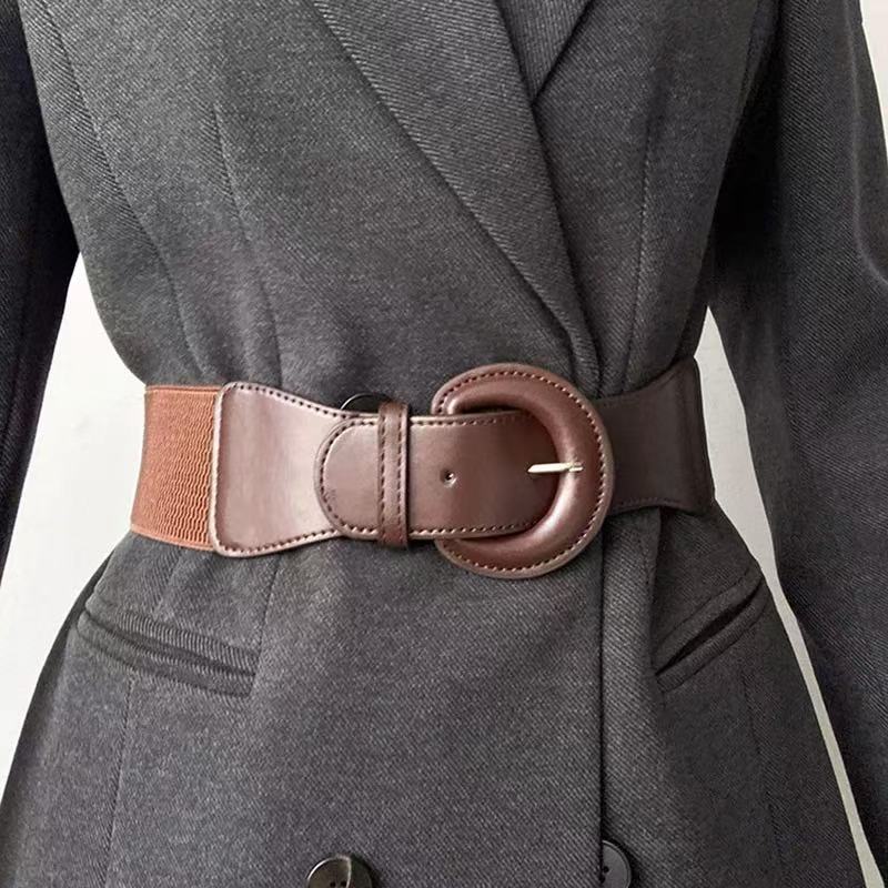 Ceinture pour femmes européennes et américaines-mode décorative manteau polyvalent costume ceinture élastique cuir noir en forme de D Be