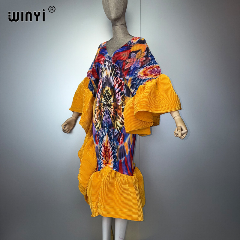 WINYI Robe plissée bohème élastique et ajustée pour femmes musulmanes, tenue de plage, kaftan, abaya, Dubai, luxe, longue, pour les vacances et les soirées