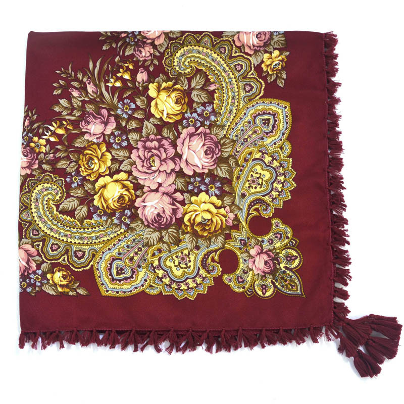 Écharpe carrée à pampilles pour femmes russes, châle imprimé floral pour dames, bande de sauna courte, cape rétro, écharpes rondes, 90x90cm, mode, YG584