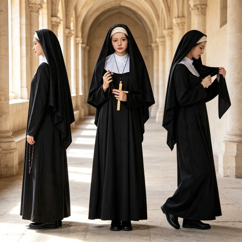 Robes de nonne noires religieuses pour femmes adultes, costumes de jeu de rôle, costumes de fête d'Halloween et de carnaval
