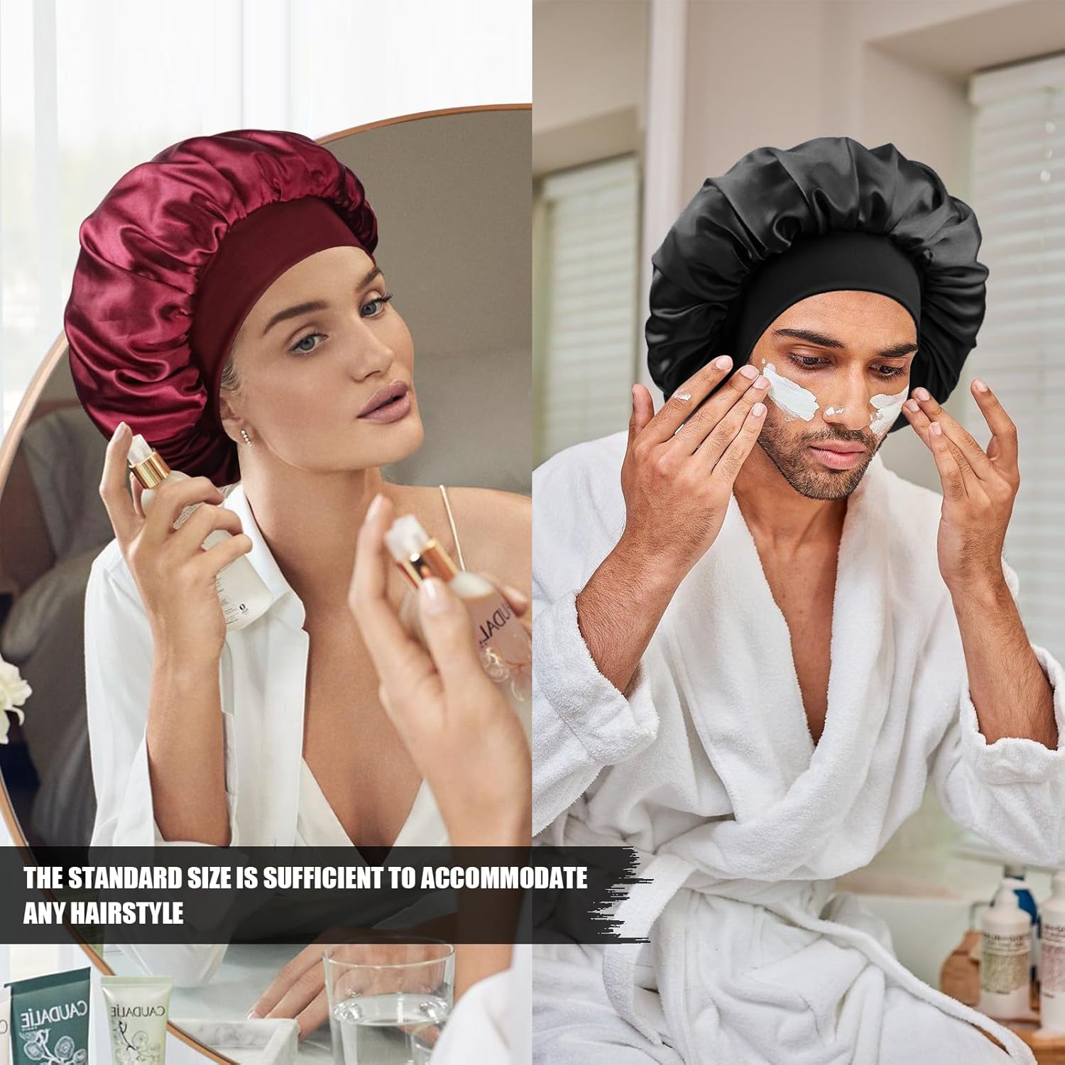 Bonnet en soie pour dormir, bonnet de nuit en soie double couche pour hommes et femmes, bonnet doux doublé de satin pour cheveux bouclés