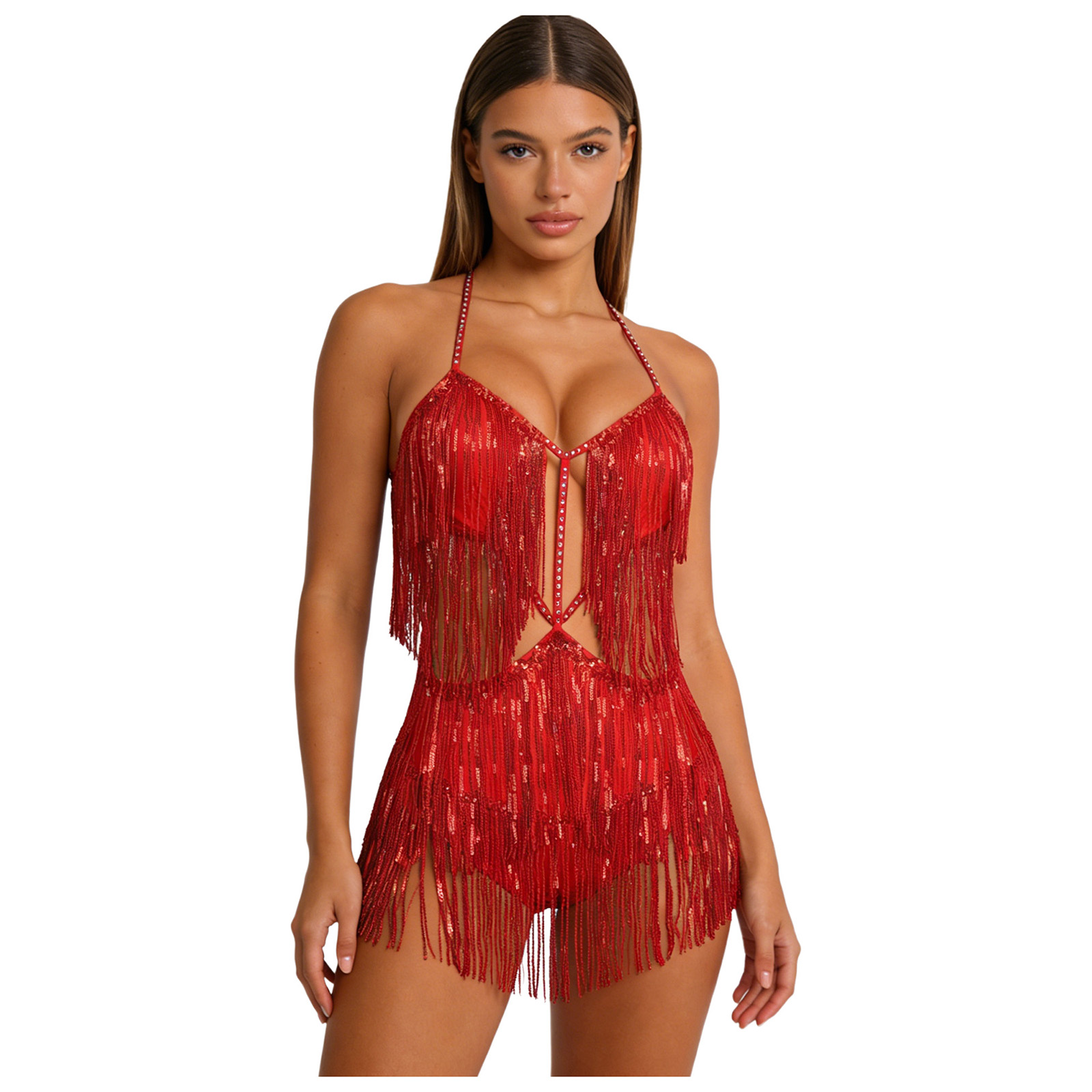 Costume de danse orientale pour femme, justaucorps à franges, robe de danse latine, combinaison à sequins et pompons, dos nu, pour Tango et Cha-cha