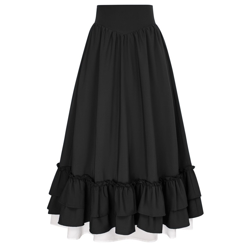 Jupe Longue à Volants pour Femme, Costume Renaissance Décontracté, Bouton Couche, Dos Double, Froncé, Taille artificiel astique, Bande Maxi Longueur