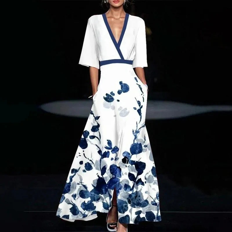 Robe longue de soirée avec ceinture, col en V, imprimé, Sexy, ligne a, style Boho, manches courtes, poches, Maxi, mode printemps 2024