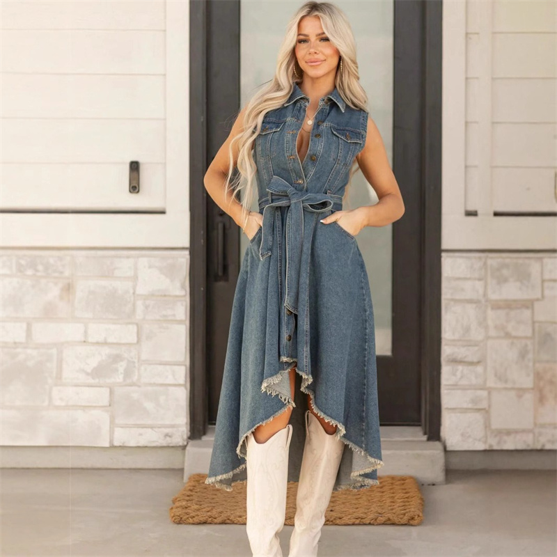 Robes en jean pour femmes, sans manches, sexy, asymétriques, style jeune fille, robe longue trapèze, tunique, vêtements en jean pour femme avec lacets