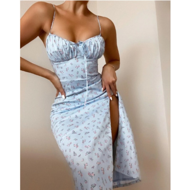 Robe moulante élégante pour femme, sans manches, à motif floral, coupe basse, avec fente, chic, sexy, pour la plage, les vacances, le streetwear et les soirées.