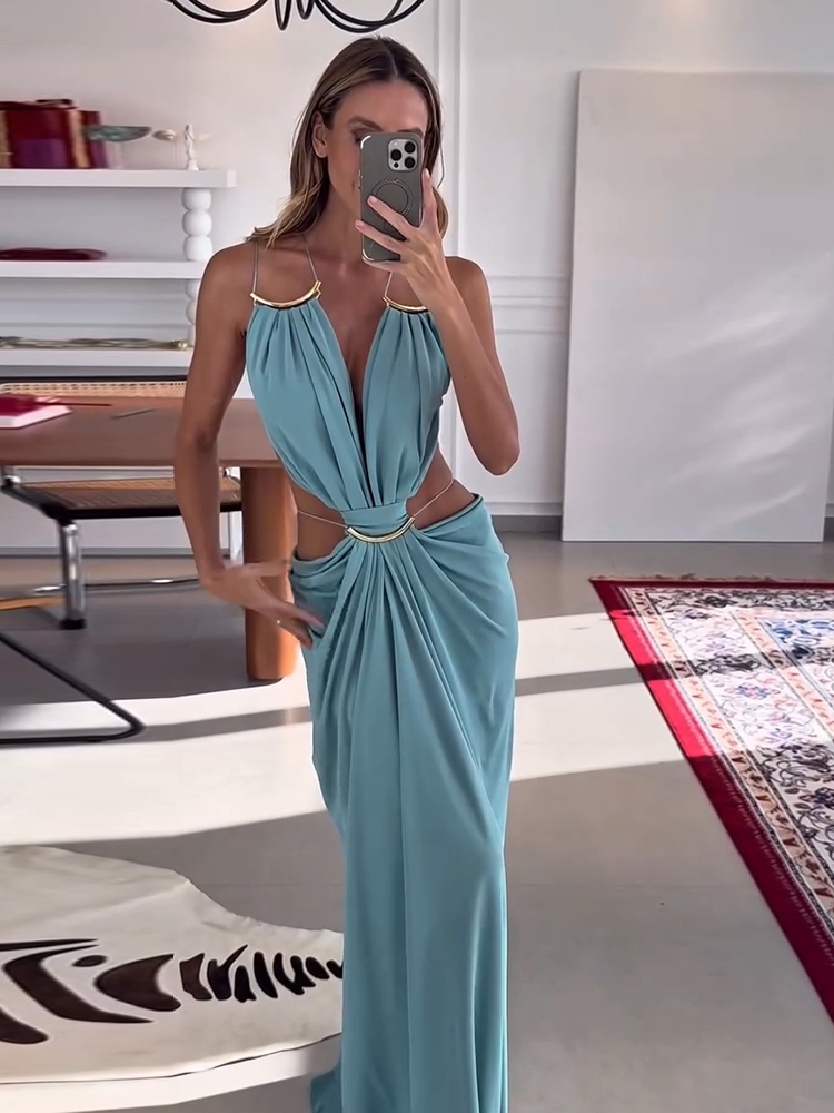 Robe longue sexy pour femme, sans manches, col en V profond, dos nu, moulante aux hanches, élégante, nouvelle collection été, pour la plage et les vacances