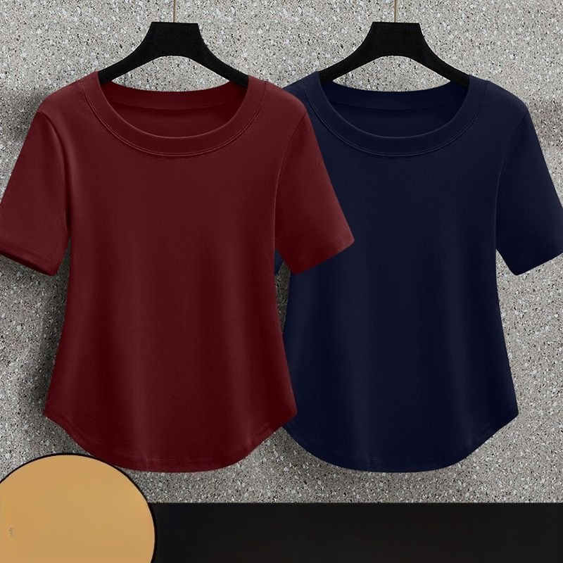 T-shirt coréen pour femme à col rond, doux, cintré, à manches courtes, couleur unie, respirant et léger