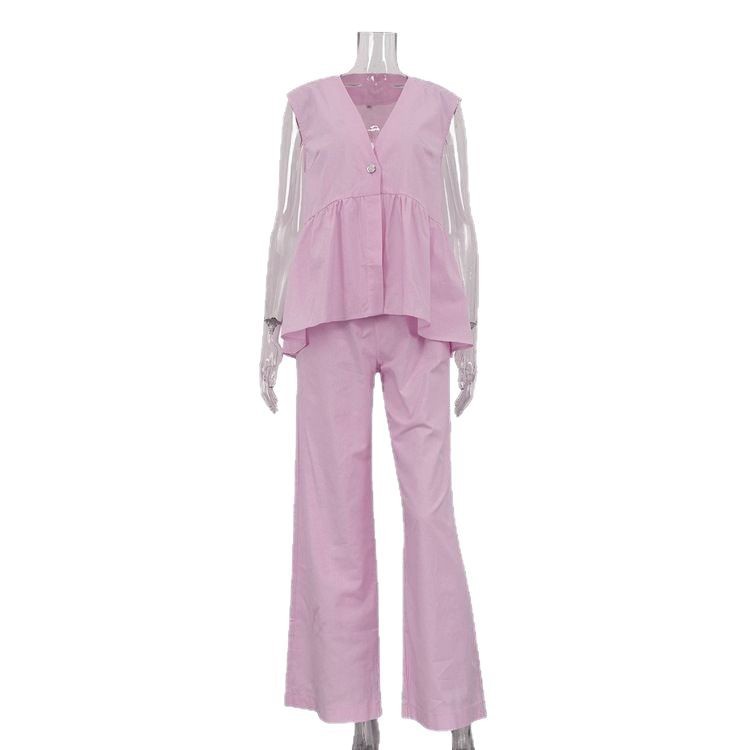 Ensembles 2 pièces pour femmes 2026 – Haut sans manches en coton à col en V + Pantalon long – Nouveaux ensembles deux pièces de couleur unie – Vêtements pour femmes