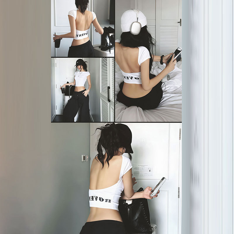 T-shirt court blanc américain à manches courtes pour femme, taille haute froncée, dos ouvert, collection été 2026