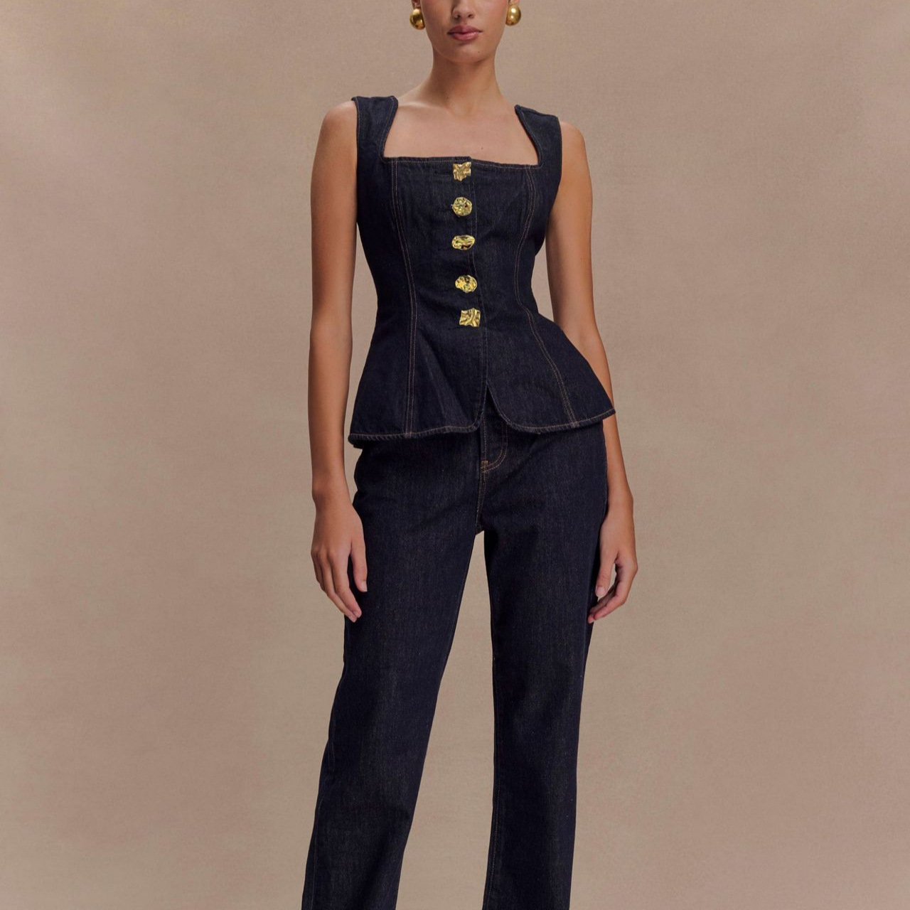 Été Denim pantalon ensembles femmes 2025 mode sans manches simple boutonnage gilet hauts et taille haute Baggy jean 2 pièces ensemble femme