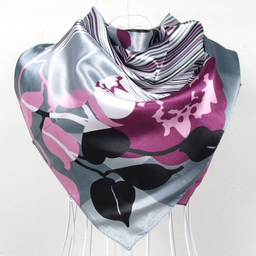 Grand foulard carré en soie imprimé pour femmes, élégant, 90x90cm, mode printemps et automne, châle en soie Polyester gris et violet, 2020