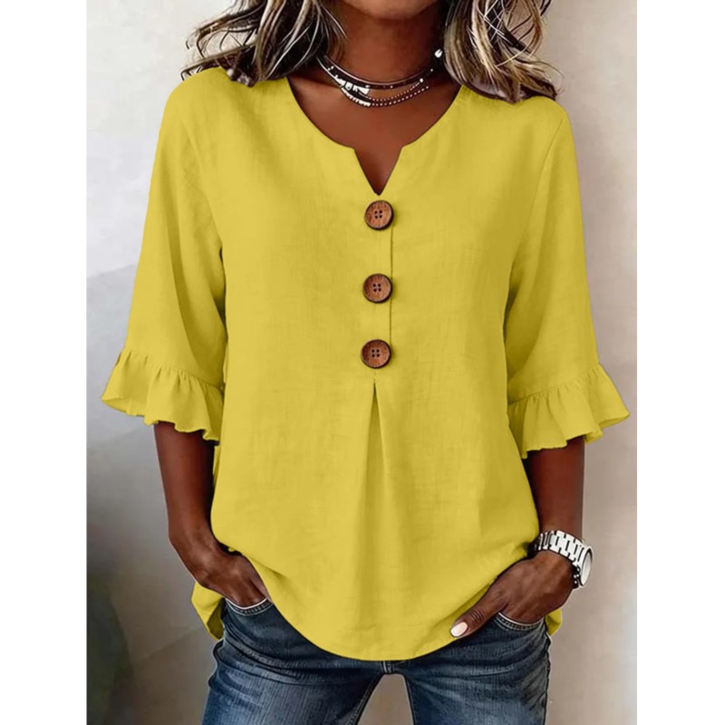 Nouvelle Blouse Décontractée Femme Col V Manches Sept Boutons Couleur Unie Été 2026 Respirante Vêtement Quotidien