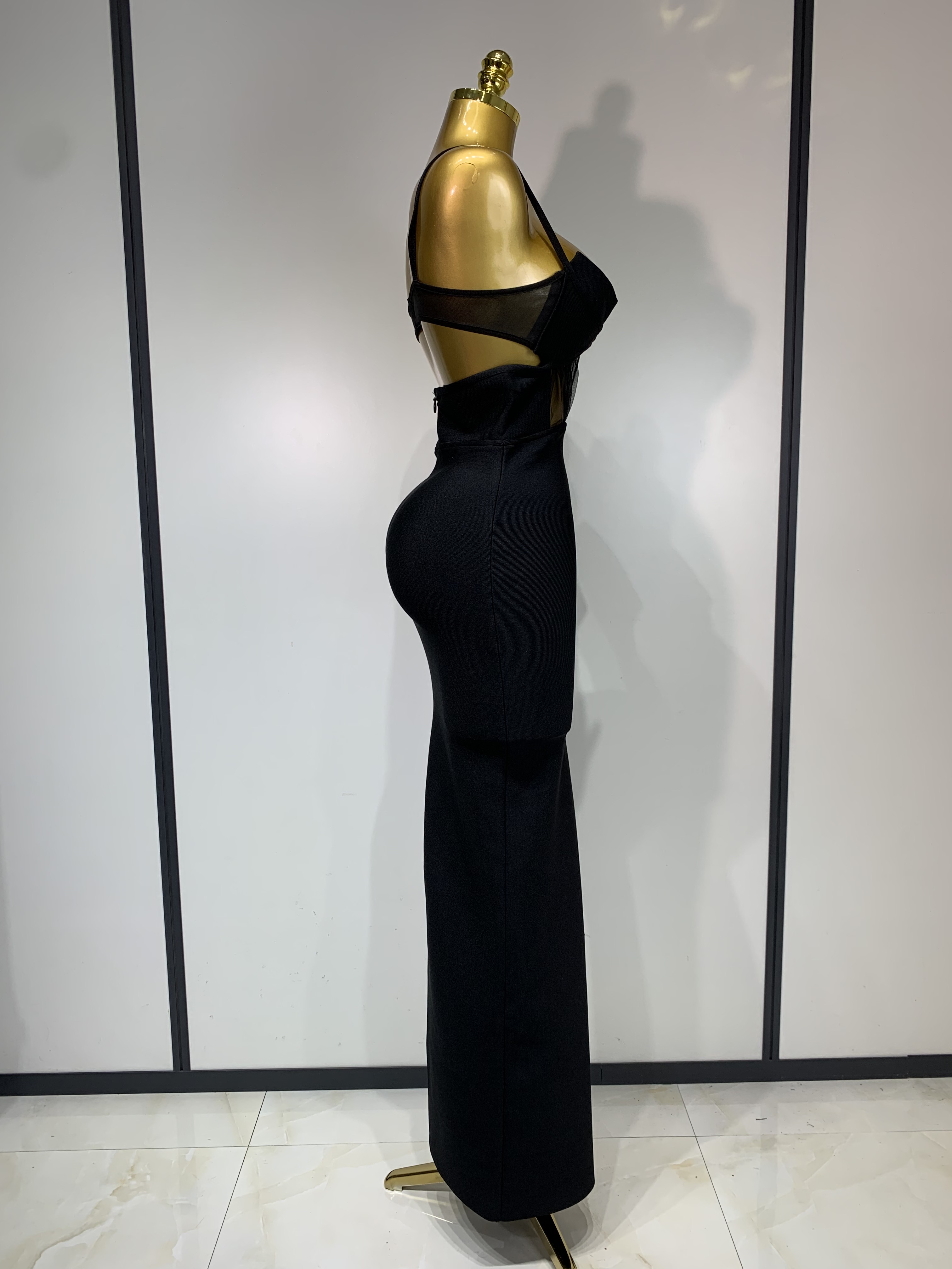 Mode noir Spaghetti sangle Maxi longue robe de pansement maille découpé élégant célébrité moulante soirée Club fête robes d'anniversaire