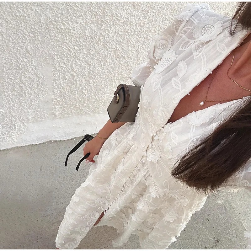 Vintage femmes robes 3D fleur broderie Boho plage vacances Robe longue manches bouffantes Robe décontracté élégant été printemps robes