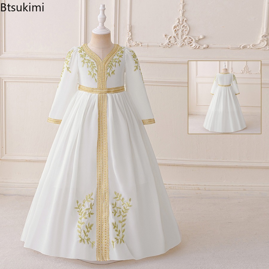 Robes pour filles de Dubaï du Moyen-Orient, mode musulmane, broderie Abayas, dentelle arabe, paillettes, manches longues, robes pour enfants, robes du Ramadan