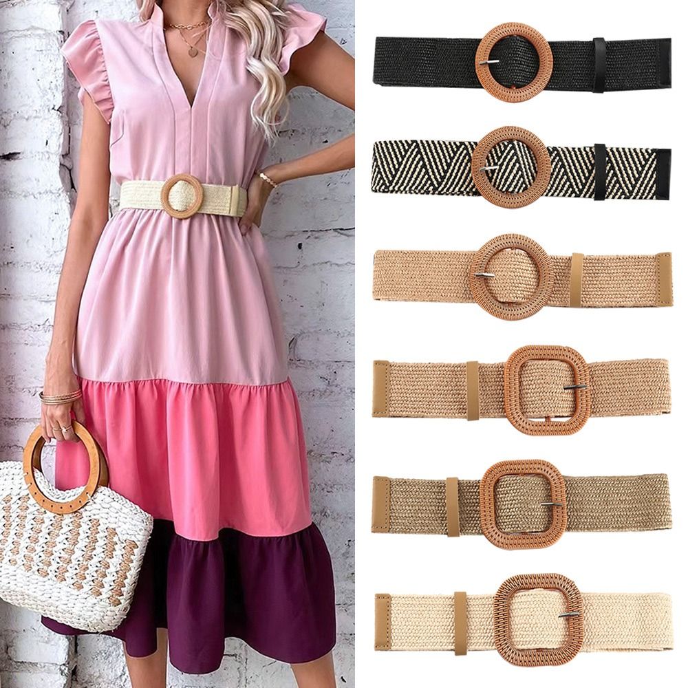 Ceinture d'été bohème pour femmes, élastique, en paille, tressée, large