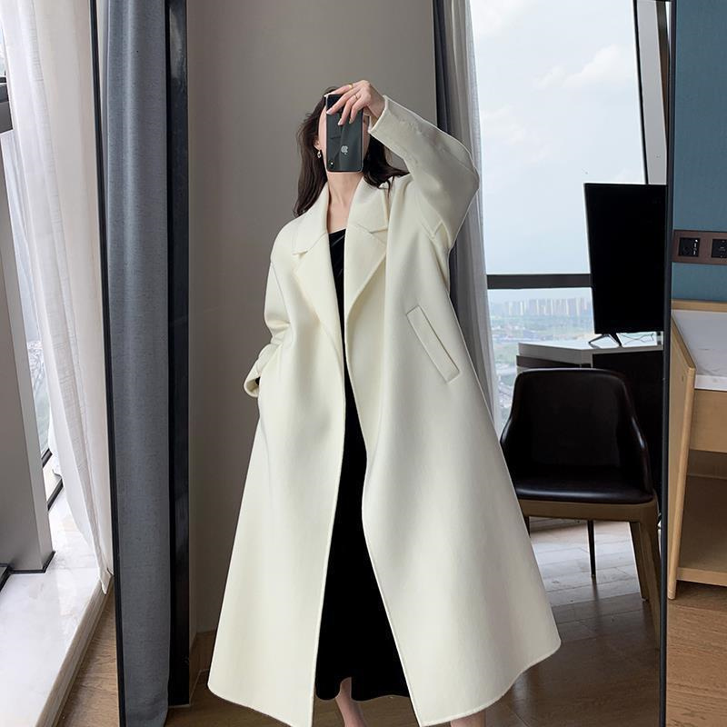 Manteau long en laine mélangée avec ceinture pour femme, veste femme, coupe-vent, blanc, tempérament, optique, automne, hiver, mode haut de gamme, 99